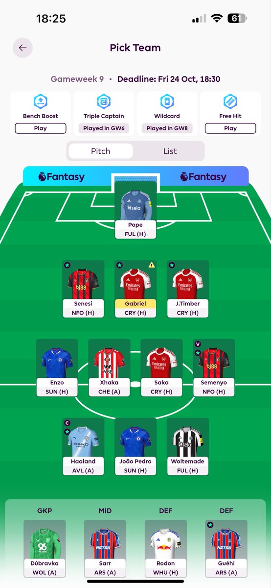 I have a feeling there will be benching mistakes this week!

I was going to BB until the yellow flag on Gabriel. Hope Arteta hasn’t fibbed again!!