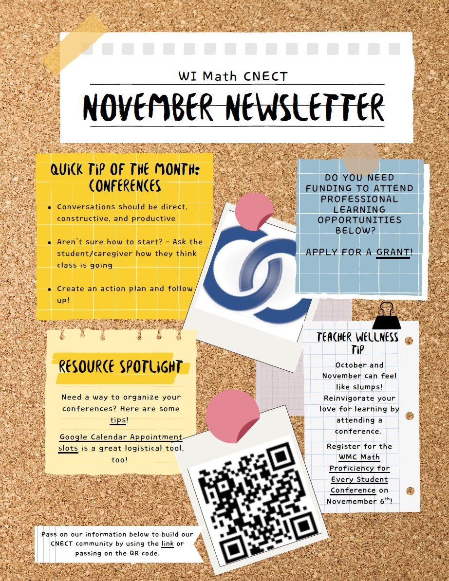 Calling out new teachers!  The WI Math CNECT November newsletter is here! Interested in learning more?  Join our community at: forms.gle/2fWDpxHYBMaG4V…