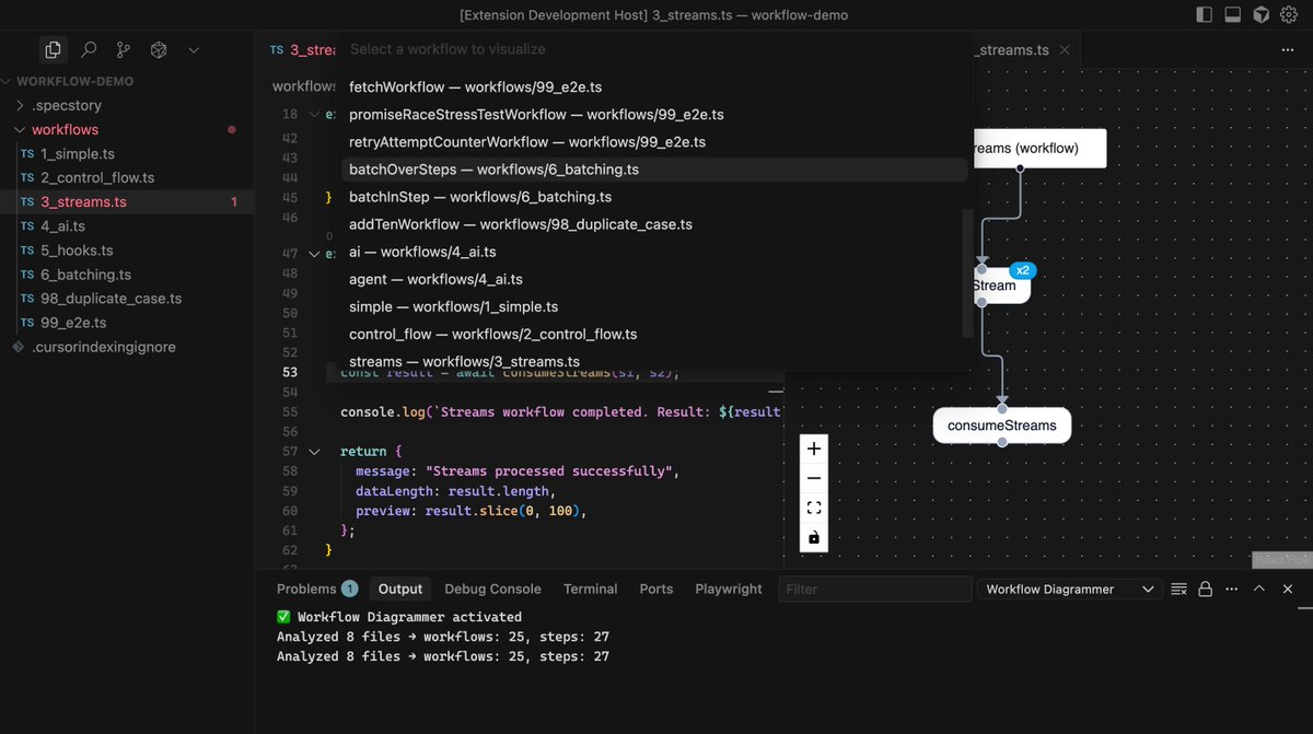 matijagrcic's tweet image. I really like the &quot;use workflow&quot; from @vercel and that they went with directives and compiler. Built a VS Code extension to visualize workflows with react flow in the webview. Works on file save so visualization is automatically refreshed, parses whole workspace and lets you…