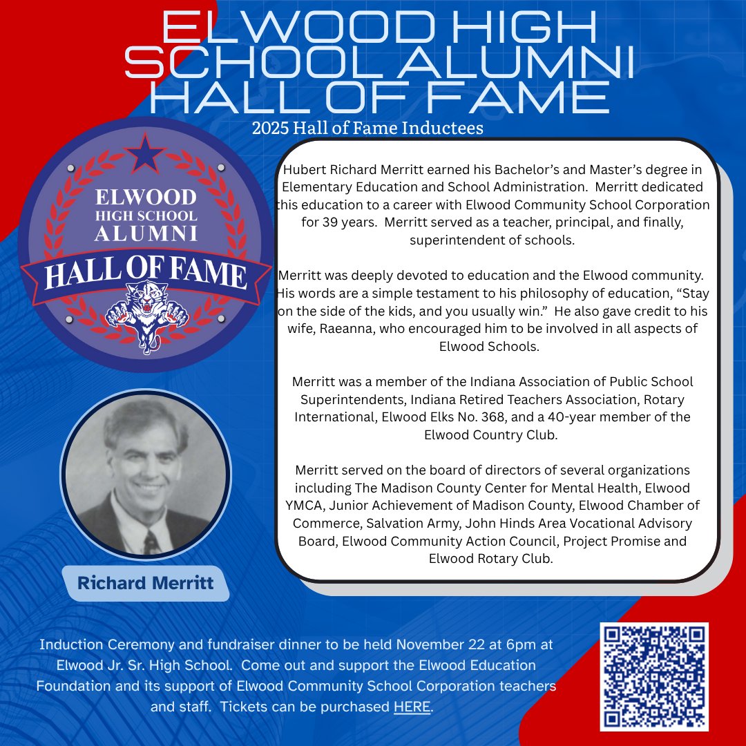 Inductee #2 for this year's Elwood High School Alumni Hall of Fame is....Richard Merritt, Class of 1952!
If you'd like to join us in honoring and congratulating Mr. Merritt, you can purchase tickets to the event here:
tinyurl.com/yuhcdtej