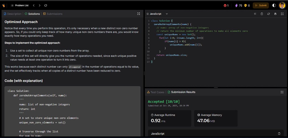 iamabhishek012's tweet image. Practicing DSA on masterji.co 
Solved an array medium question—ZeroOutNonZeroNums.
First tried a brute force (O(n²)) 😅, then saw the optimized solution—so simple yet elegant! Loved the clear explanation by @Hiteshdotcom & @ChaiCodeHQ. #DSA #Coding