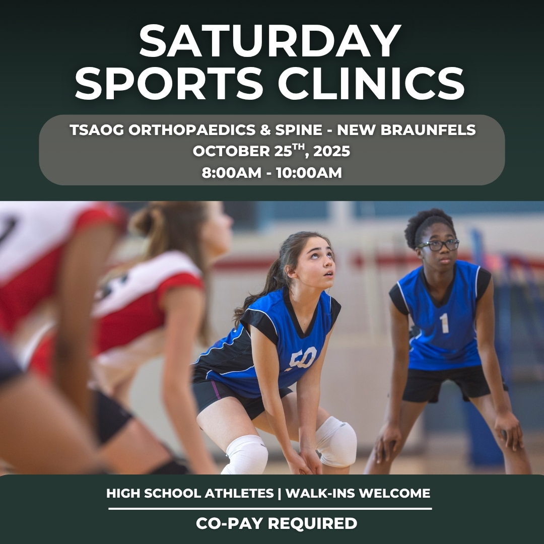 Got hurt this week? Don’t wait it out. TSAOG’s Saturday Sports Clinic is open this October 25th in New Braunfels!

Our ortho team will treat your injury and get you back in the game.

📅 Every Saturday thru Nov 8th
📍 TSAOG New Braunfels
🚪 Walk-ins welcome
💳 Co-pay required
