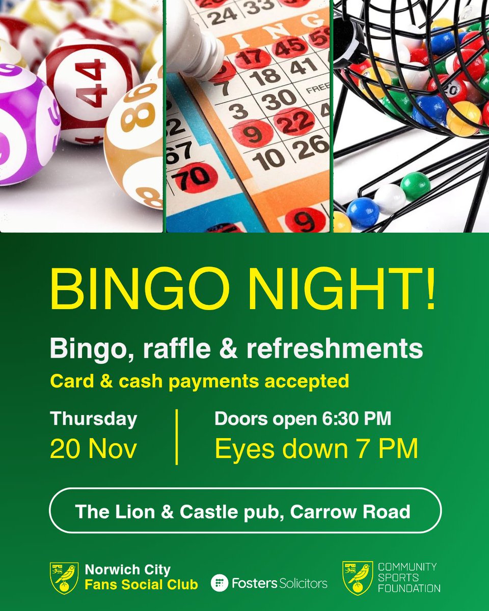 We are happy to launch our always popular Bingo event which will take place on November 20th at the Lion and Castle. Come along with your friends  to try and win some great prizes. Food and drink available to purchase. All details in the link below 

ncfsc.co.uk/event/bingo-ni…