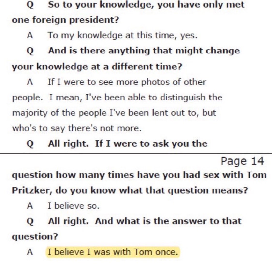 LeadingReport's tweet image. BREAKING: Newly resurfaced excerpt from the 2016 deposition of Virginia Giuffre in relation to Jeffrey Epstein alleges that Billionaire Tom Pritzker (of the notorious Pritzker family) and cousin to Illinois Governor J.B. Pritzker slept with Virginia Giuffre.