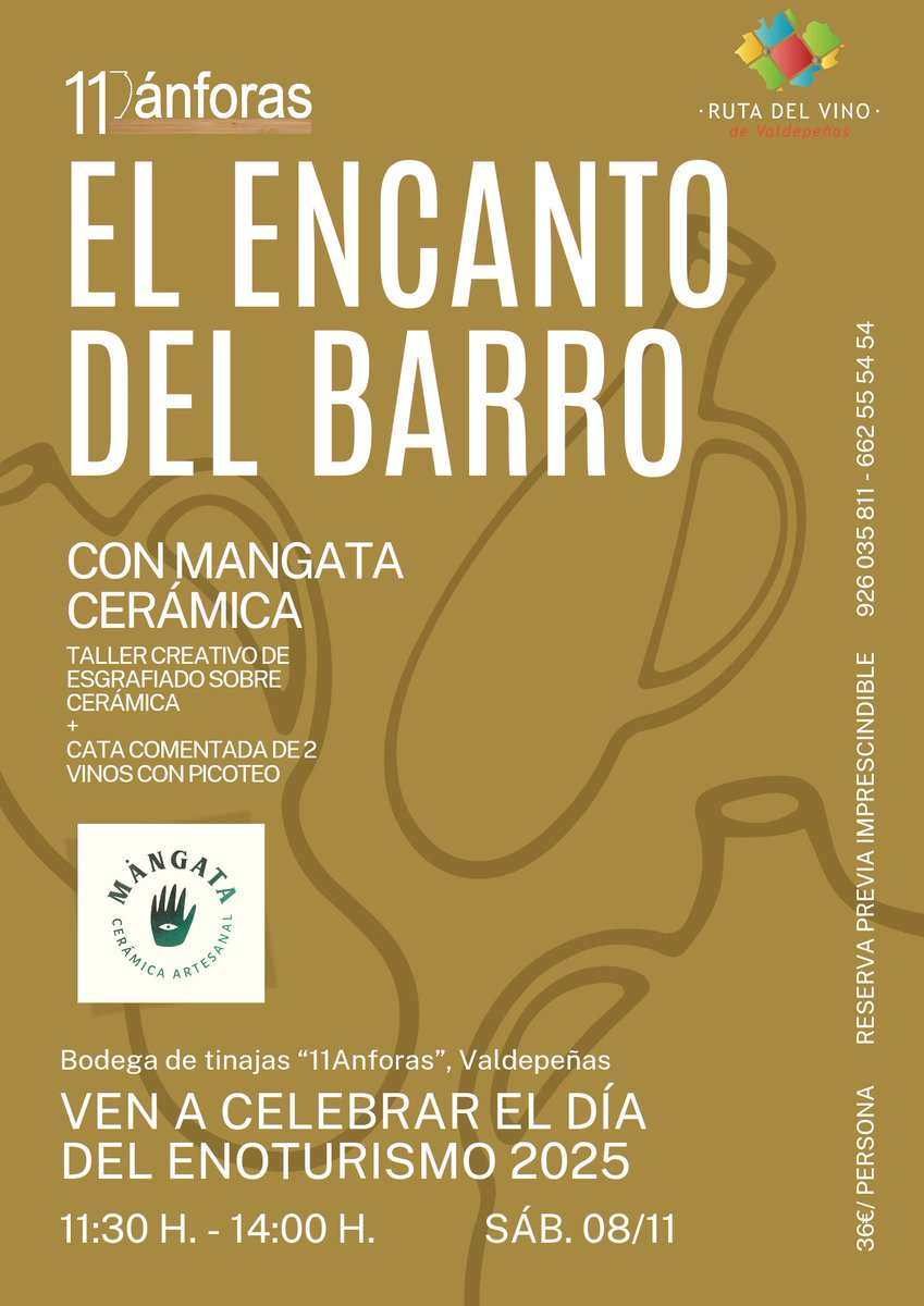 Para celebrar el #diamundialdelenoturismo, te invitamos a disfrutar de una mañana diferente con un taller de cerámica y vino 🍷 Te esperamos el sábado 8 de noviembre. Ven solo/a o con amigos, ¡Te prometemos una experiencia llena de arte, vino y buena vibra! 📲 662 55 54 54