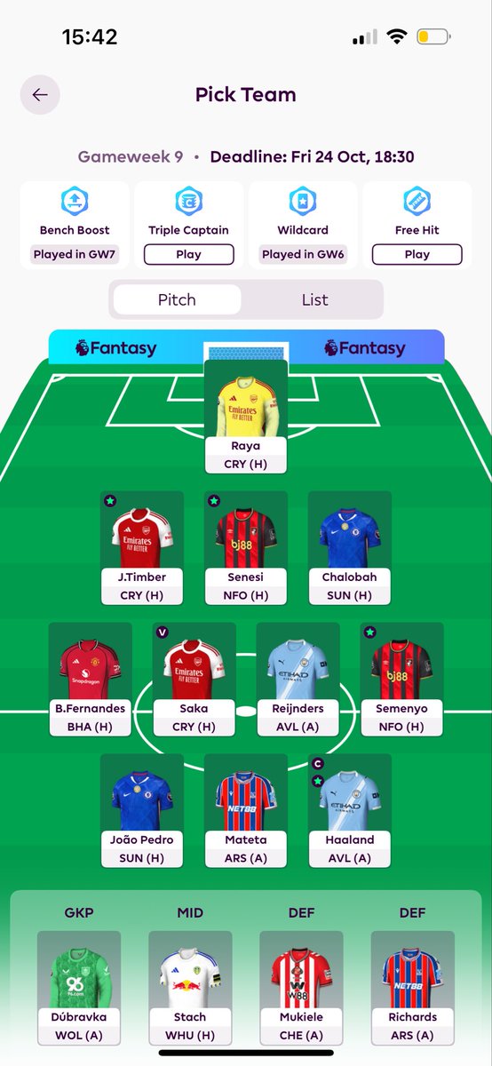 🔐 GW9 team

Gyokores, Foden, Romero &amp; Anderson ➡️ Mateta, Saka, Chalobah &amp; Mukiele. 4 FTs

🧢 Haaland

🌎 1.5m OR

Good luck everyone! #FPL #FPLCommunity