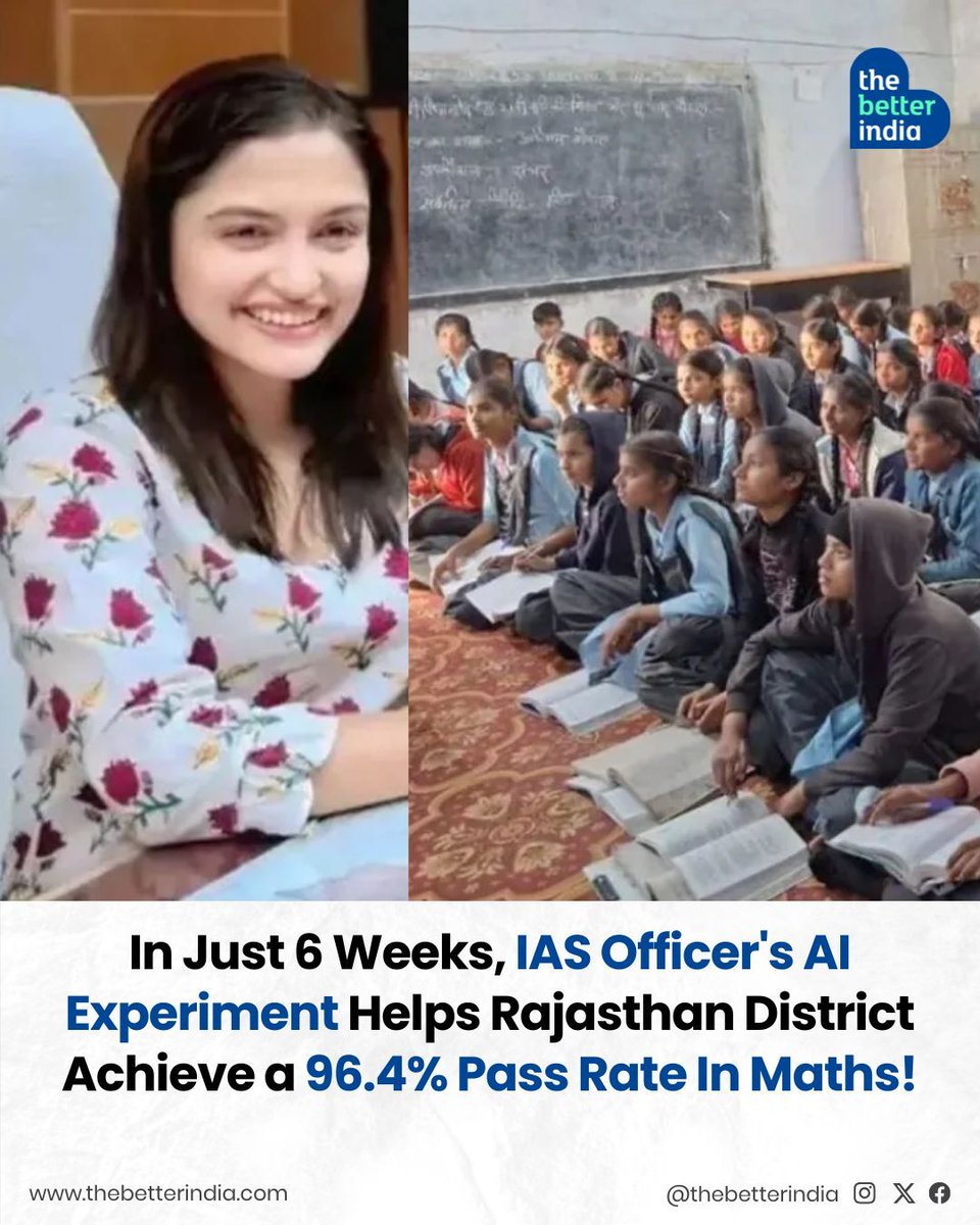 thebetterindia's tweet image. What if AI could make every student a math achiever? Tonk, Rajasthan, proved it possible in just 6 weeks!

In 2024, most Class 10 students in Tonk dreamed of science—but only 12% made it. Why? Poor math, teacher shortages, and big learning gaps.

Determined to change this, IAS…