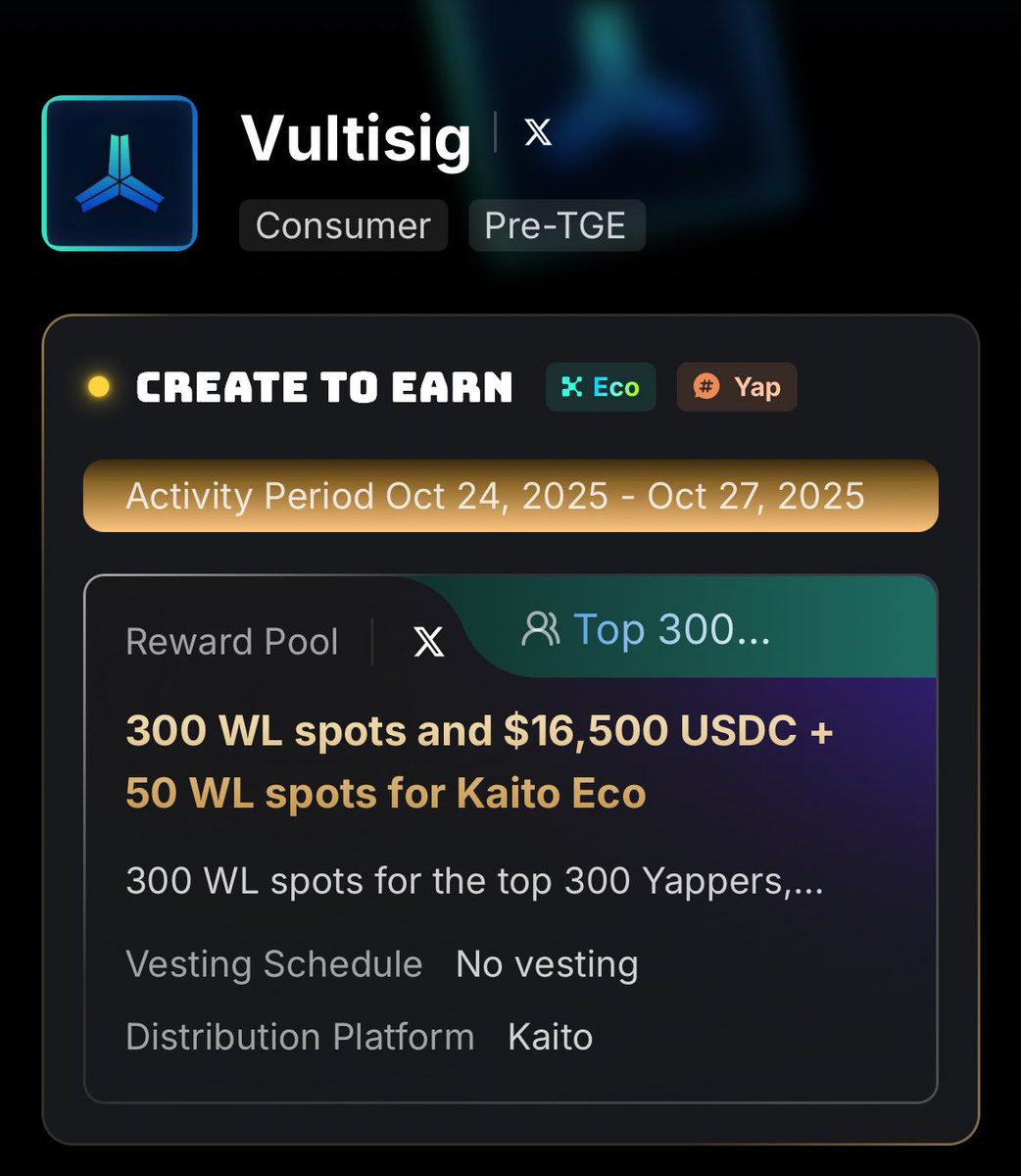 okay wait… this one’s actually hugeee 🔥 

3 days kaito campaign with <a href="/vultisig/">Vultisig</a>

• top 30 yappers get rewarded with $$

• top 300 wallets get whitelisted 24h before the public sale

tcampaign ends on the 27th

TGE 28th.

i’m so not fading ts 🥹