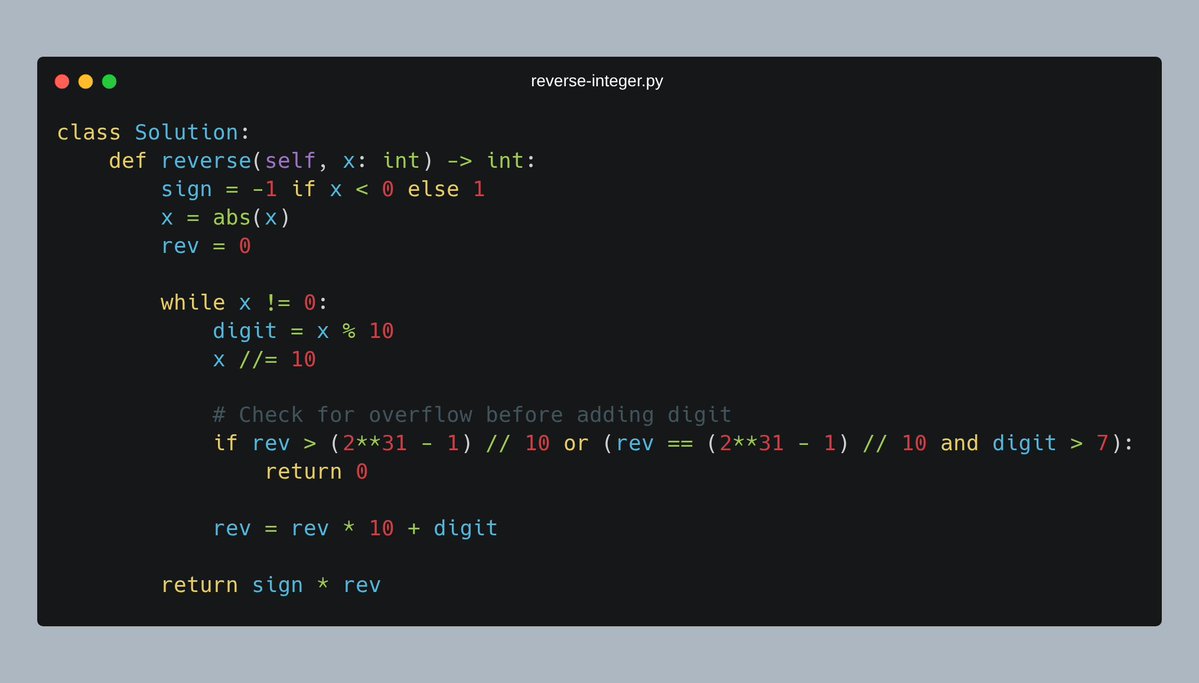 piyushmalik34's tweet image. Day 21 of #100daysofcoding: 🔄 Reversing an Integer!  
📍 Extract sign, reverse digits with a loop, check overflow before each step.  
⏱️ O(log n) time, O(1) space—efficient and safe from overflow! 🚀 #learninpublic