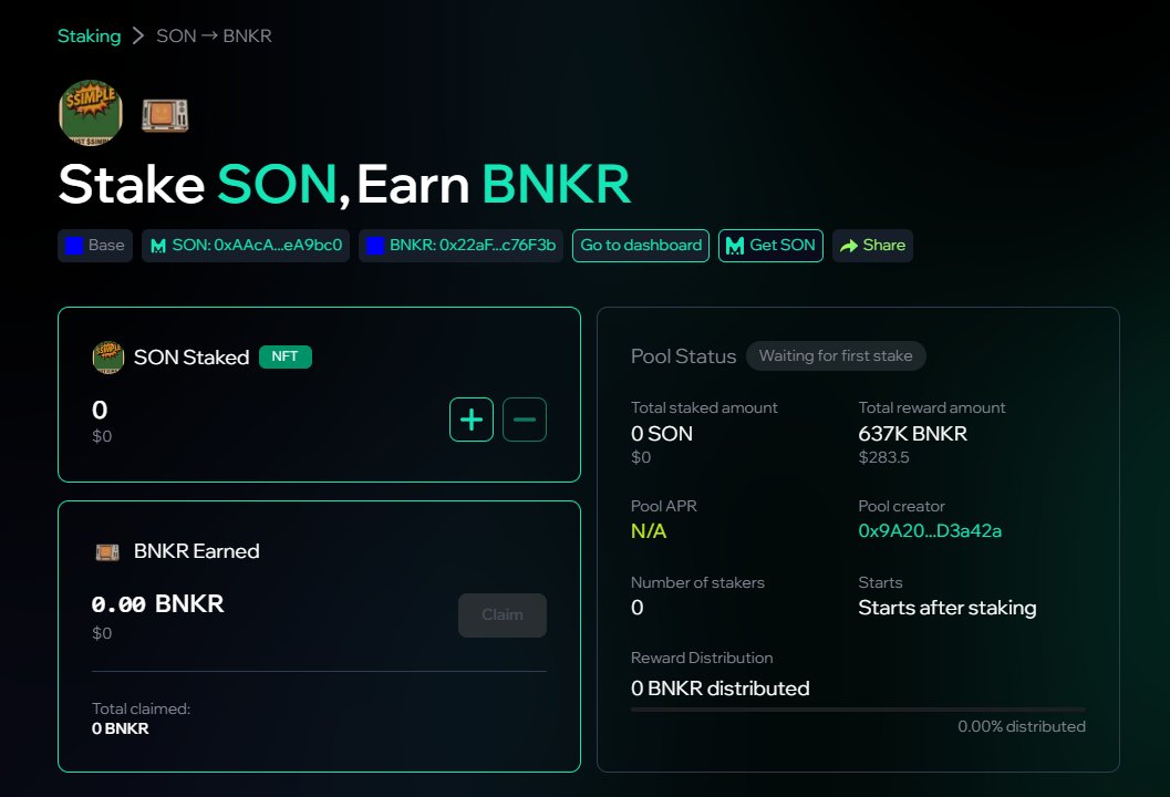 0x_SlumPark's tweet image. Yo, $BNKR fam!
The SON staking pool is now live!!
After brainstorming with @Simple_on_Base, we decided it’s best to allocate our low-entry $BNKR into the pool!
A total of 637,000 $BNKR (~$285) has been committed!
You can stake and unstake anytime with SON — and freely claim…