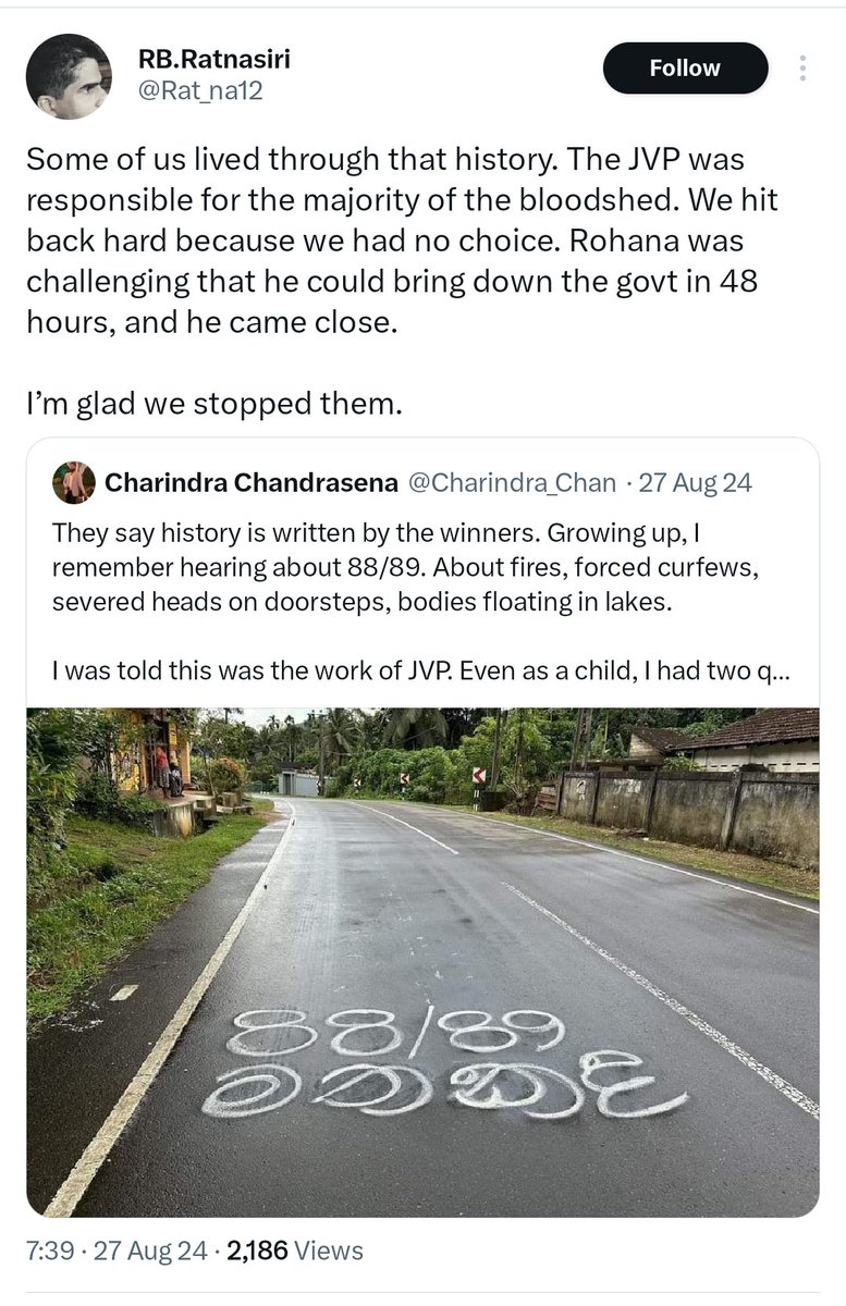 nomadic_sanjee's tweet photo. "we were forced to meet their brutality with our own in 1989"
"I am glad we stopped them"
"My integrity is a lifelong hatred of that party"
"For some of us 36 years was not ancient history"
#SriLanka
#ExtrajudicialKillings
#TerrorYears
@hrw @amnestyusa @amnestysasia https://t.co/E4ktaBovAn