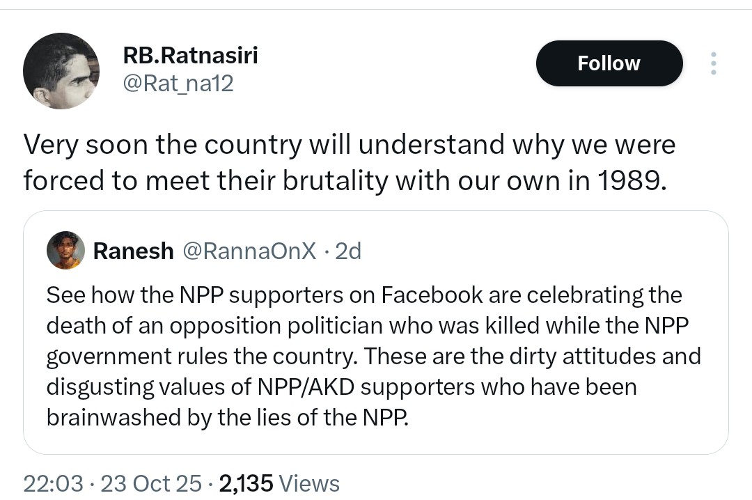 nomadic_sanjee's tweet photo. "we were forced to meet their brutality with our own in 1989"
"I am glad we stopped them"
"My integrity is a lifelong hatred of that party"
"For some of us 36 years was not ancient history"
#SriLanka
#ExtrajudicialKillings
#TerrorYears
@hrw @amnestyusa @amnestysasia https://t.co/E4ktaBovAn