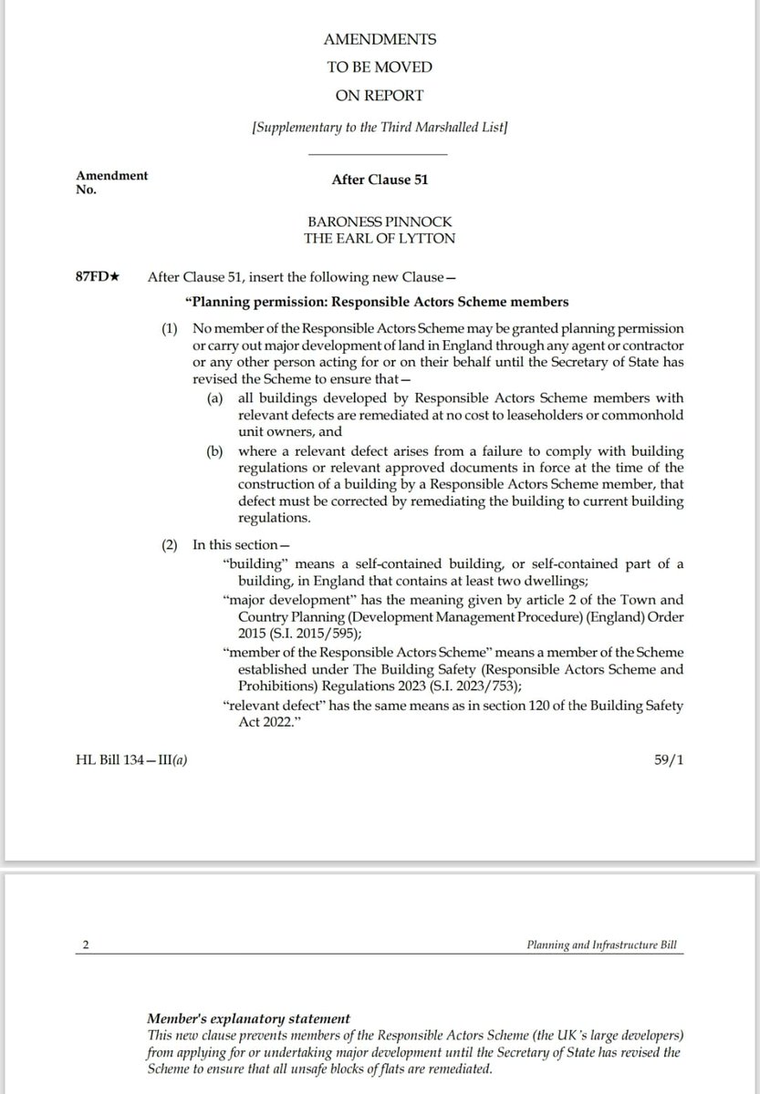 polluterpaysbsb's tweet image. **Tabled by Baroness Pinnock, seconded by Earl of Lytton and backed by Gideon Amos MP**

Grenfell Building Safety amendment to the Planning and Infrastructure Bill. Debate and possible vote this Monday. 

1.Ends the partial PAS9980 remediations condemning people to permanently…