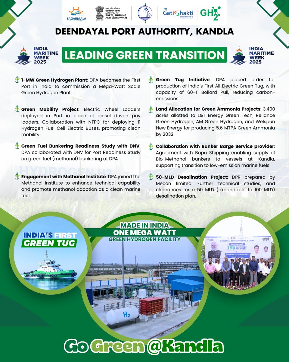 Deendayal_Port's tweet image. Deendayal Port Authority, Kandla is spearheading path-breaking sustainability initiatives to lead maritime decarbonization. Initiatives cover a wide spectrum including Green Hydrogen, Electric Tugs, Clean Mobility &amp;amp; Green Methanol bunkering.

#GreenPort #DPA #Kandla #ViksitBharat