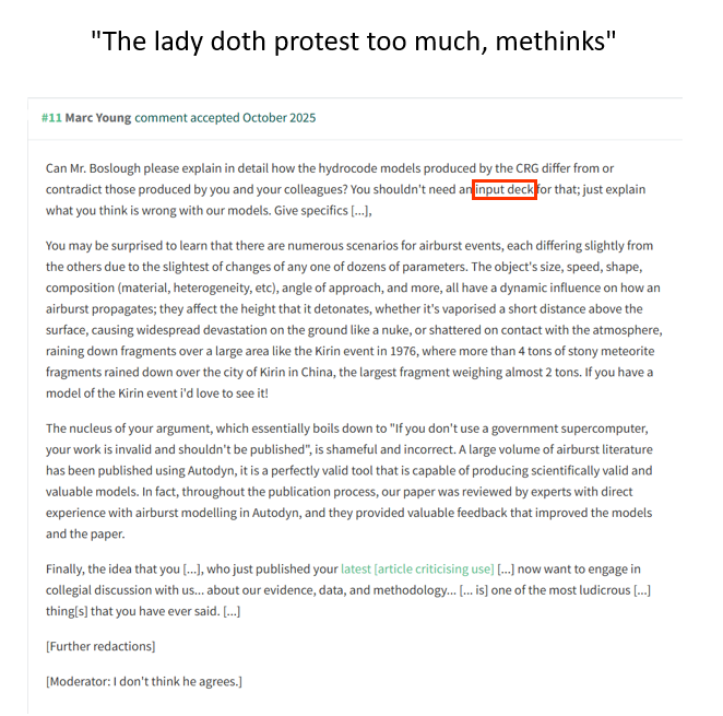 Meanwhile, <a href="/Marc_Young_90/">Marc Young</a> continues the YDIH cult's pattern of not sharing data or analyses. The simplest explanation for him not sharing the input deck, is that Allen West doesn't trust him with it. 

Claims without support is faith, not science.

pubpeer.com/publications/A…