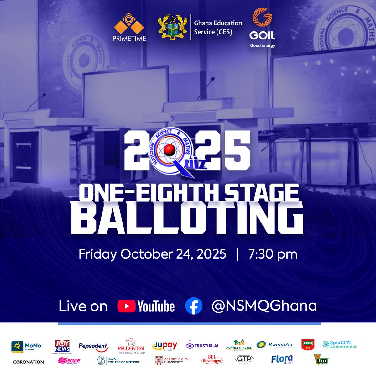 NSMQGhana's tweet photo. Be seated…
The #OneEighth balloting will be on your screens, soon.
#NSMQ2025 #Primetime https://t.co/FO5dNjyWhq