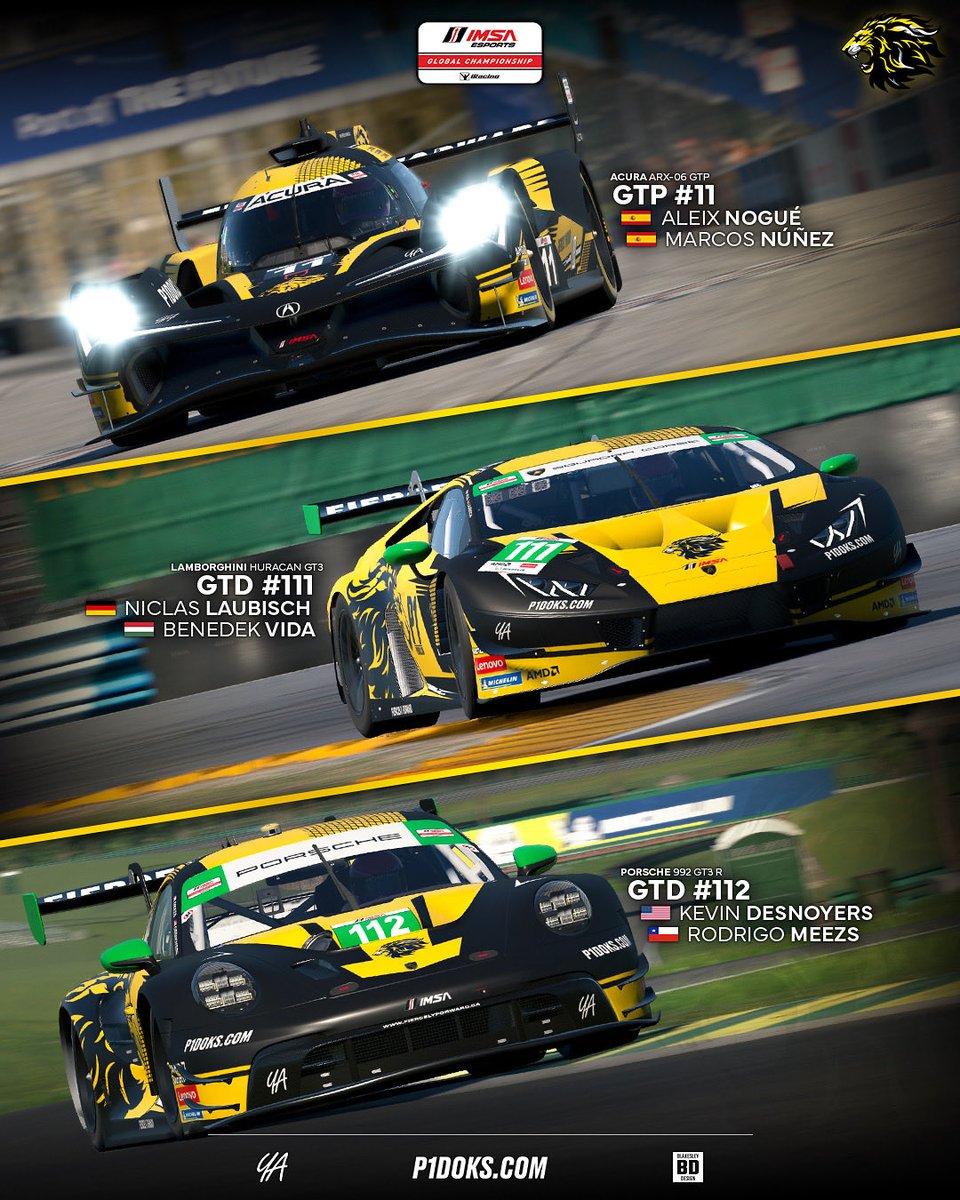 BIG NEWS!

Here are our 3 Cars that have qualified for <a href="/IMSA/">IMSA</a> eSports! 🇺🇸

As Main drivers we have:
In the Acura GTP #11 we have <a href="/aleixnogue29/">aleixnogue29</a> <a href="/mcnunper/">MCNUNPER</a> . In the Lambo GTD #111 we have Benedek Vida and <a href="/NiclasLaubisch/">Niclas Laubisch</a> 
And in the Porsche GTD #112 we have <a href="/kevvv257/">kev</a> and Rodrigo