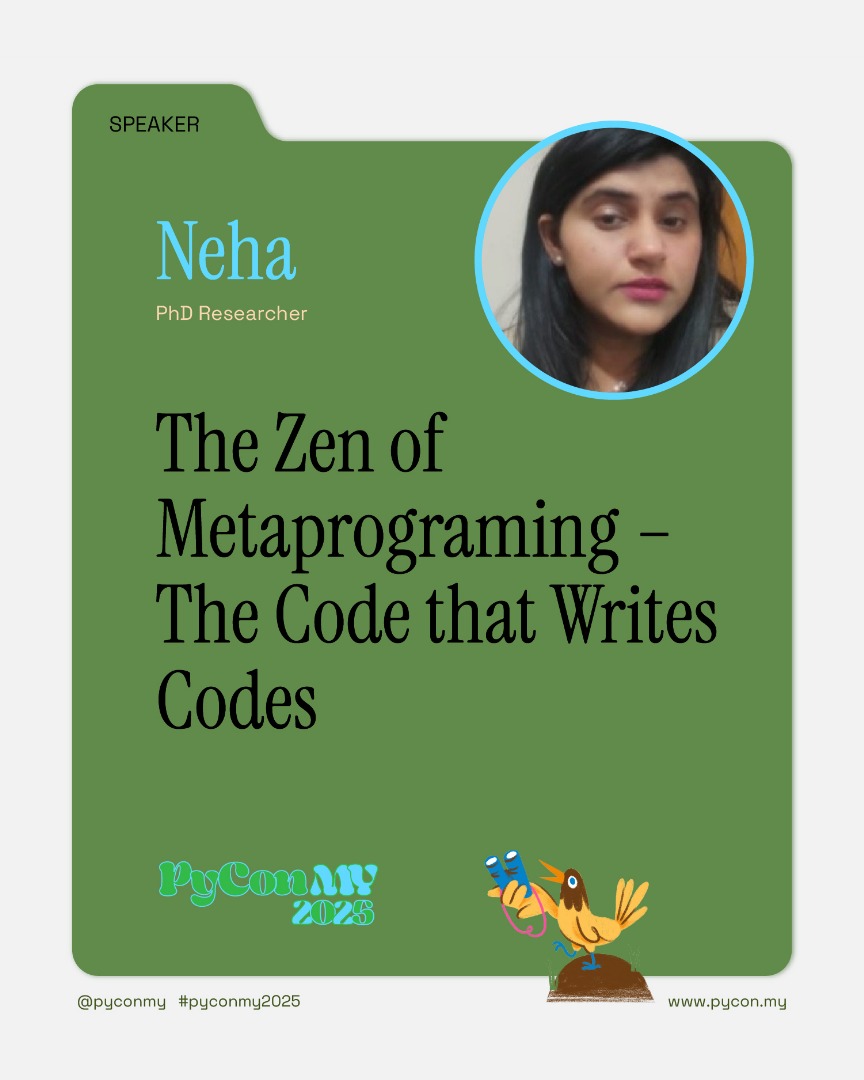 pyconmy's tweet image. @PyConMY welcomes Neha to reveal "The Zen of Metaprogramming"!
She's a Ph.D. researcher in Precision Medicine @UniofNewcastle + former IT pro @TCS & @HCLTech + passionate about teaching coding! 💪
#Python #Metaprogramming #WomenInTech #PrecisionMedicine
