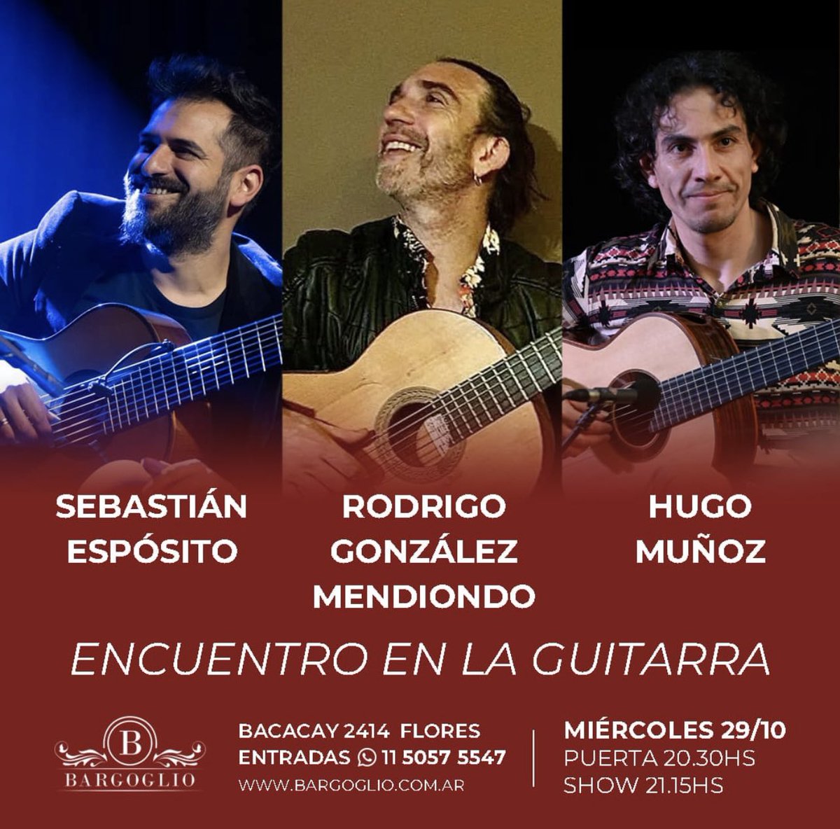 bsasflamenco's tweet image. [IMPERDIBLE] el próximo miércoles 29/10 en Bargoglio: Encuentro de Guitarras 
Sebastián Esposito, Rodrigo González Mendiondo y Hugo Muñoz. Invitados especiales.
#BuenosAiresFlamenco #Guitarra #Concierto #Bargoglio