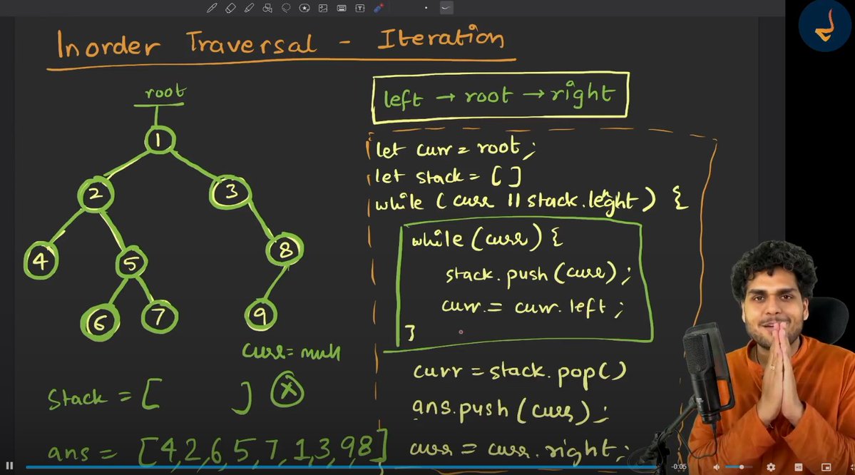 Zaryab_005's tweet image. 📘 Day 66 of DSA

Today I learned Inorder Traversal (Iterative) in Binary Trees 🌳

💡 Inorder (Left → Root → Right)

Use a stack &amp;amp; pointer → go left till null → pop → go right.

Tiny loops, big logic ✨

#100DaysOfCode #LeetCode #DSA #JavaScript