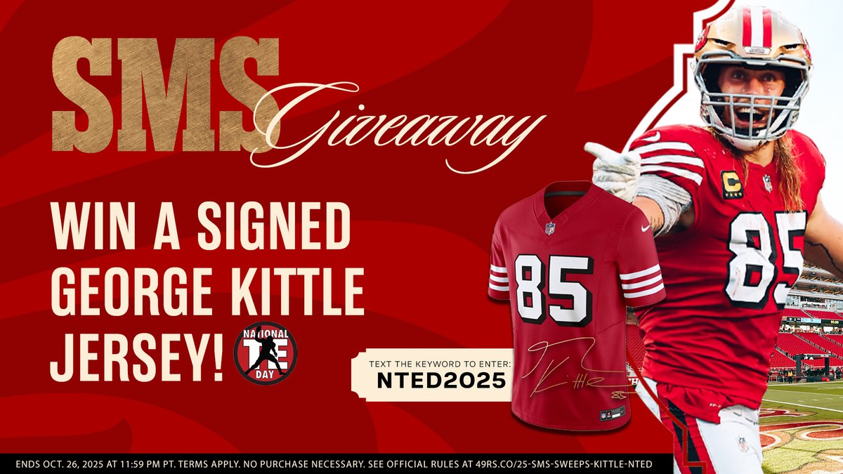 49ers's tweet photo. The People's TE for a reason 🤝

Ahead of National Tight Ends Day this Sunday, we're celebrating by giving away a signed George Kittle jersey!

Text NTED2025 to (408) 715-4949 or enter here: https://t.co/wlq6s7lhFA https://t.co/8zf00p3lXb