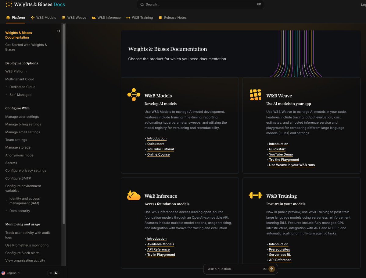 wandb's tweet image. We simplified our handle to @wandb. Now, we’re simplifying our docs.

Our goal was to make our docs faster, smarter, and more connected. 

The new unified experience features powerful in-page AI, real-time search, live translations, and a modern, seamless design.