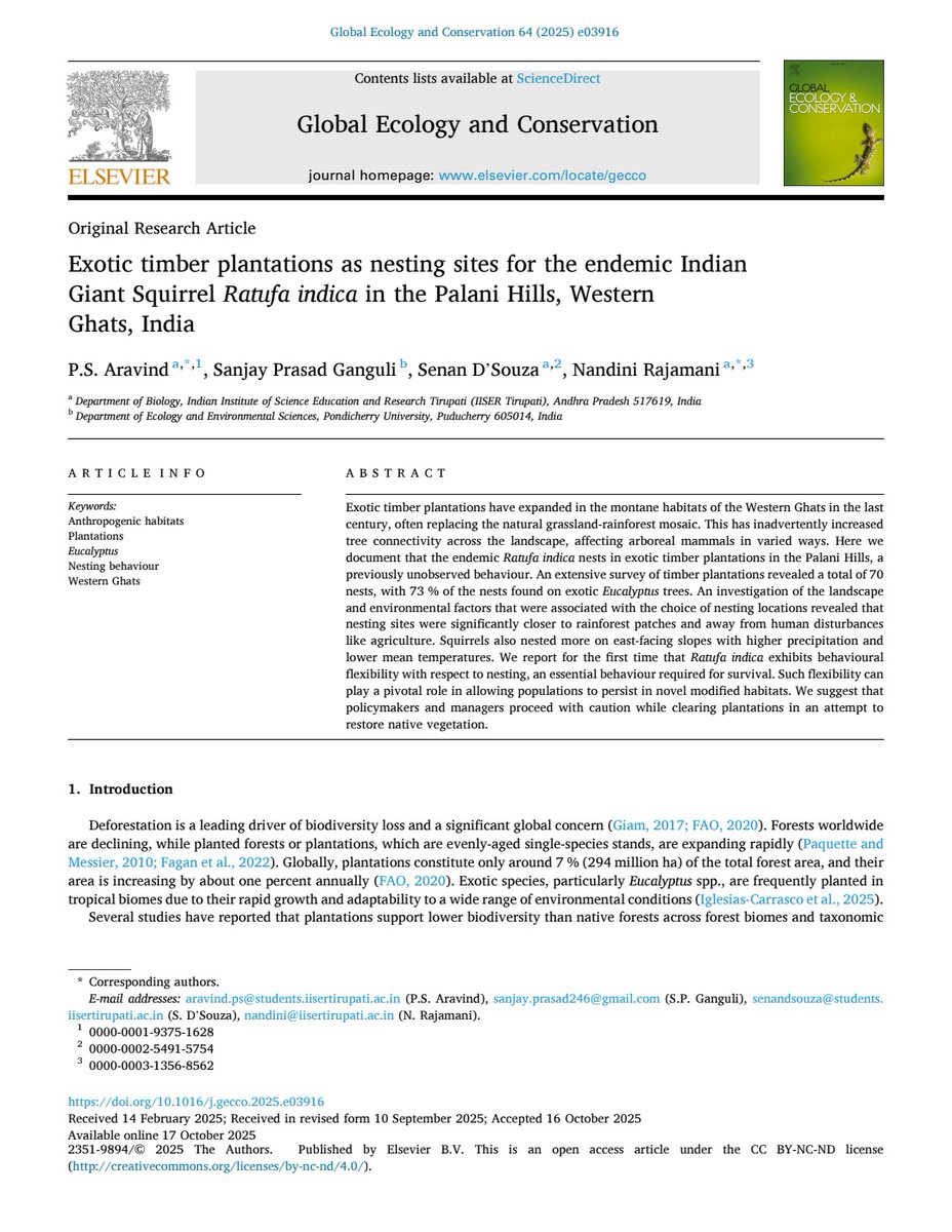 aravindpsuresh's tweet image. New publication alert! 🐿️✨
Our new paper in Global Ecology &amp;amp; Conservation reveals how Indian Giant Squirrels are adapting to changing habitats in the Western Ghats. Read full article here doi.org/10.1016/j.gecc…

@NandiniRajamani 
@IiserTirupati
