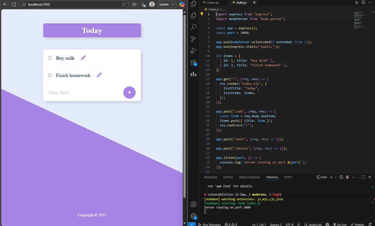 survivingGenz's tweet image. #Day13 Done!
• Started working on a To-Do List App to bring together all the CRUD operations and everything I’ve been learning these past days
• Solved Subset II on LeetCode
#100DaysOfCode #PostgreSQL #DSA #WebDevelopment #LearnInPublic