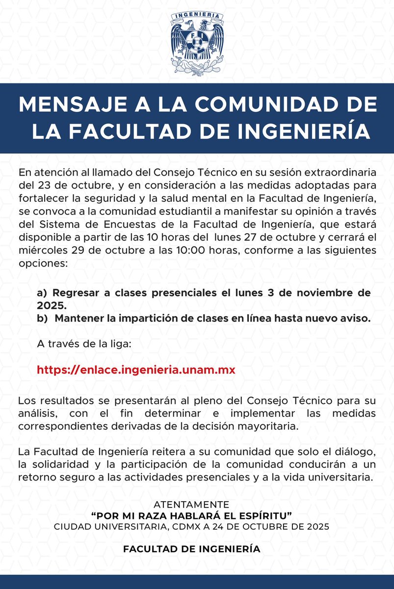 Mensaje a la comunidad de la Facultad de Ingeniería
Ingresa al Sistema de Encuestas de la #FIUNAM en:
▶️ enlace.ingenieria.unam.mx