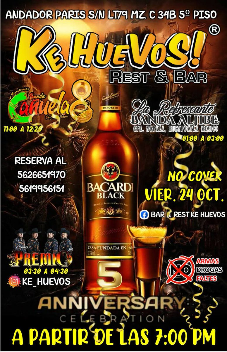 PuntoMedioEdo's tweet image. 🪗🙈🎙 ¡Rest &amp;amp; Bar &quot;Ke Huevos&quot; está de #aniversario y te invita a festejar con ellos!

👉🏻 Si te gusta la Banda #Sinaloense este es el lugar ideal para disfrutar del fin de semana.

🍾 Aprovecha las promociones del mes.

🚫 No Cover

📍Plaza Capri (andador Paris s/n).