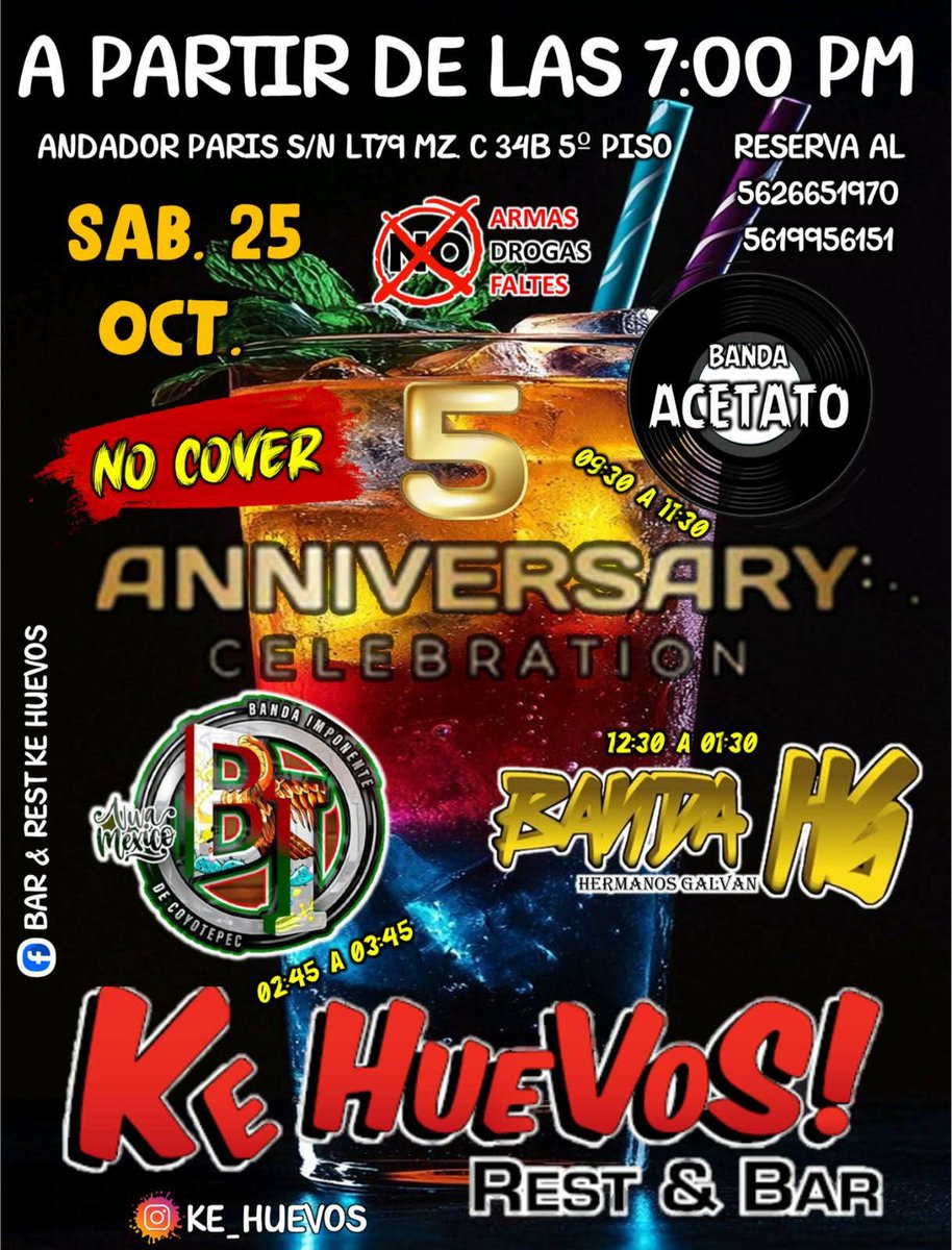 PuntoMedioEdo's tweet image. 🪗🙈🎙 ¡Rest &amp;amp; Bar &quot;Ke Huevos&quot; está de #aniversario y te invita a festejar con ellos!

👉🏻 Si te gusta la Banda #Sinaloense este es el lugar ideal para disfrutar del fin de semana.

🍾 Aprovecha las promociones del mes.

🚫 No Cover

📍Plaza Capri (andador Paris s/n).