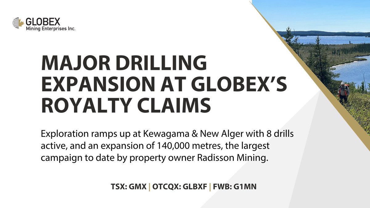 The Kewagama &amp; New Alger royalties, owned by Globex has doubled their drill program!

Using 8 drills and expanding to 140,000 metres, this is the largest program by property owner Radisson Mining.

Learn More: ow.ly/My2X50XhBeY

TSX: GMX | OTCQX: GLBXF | FWB: G1MN