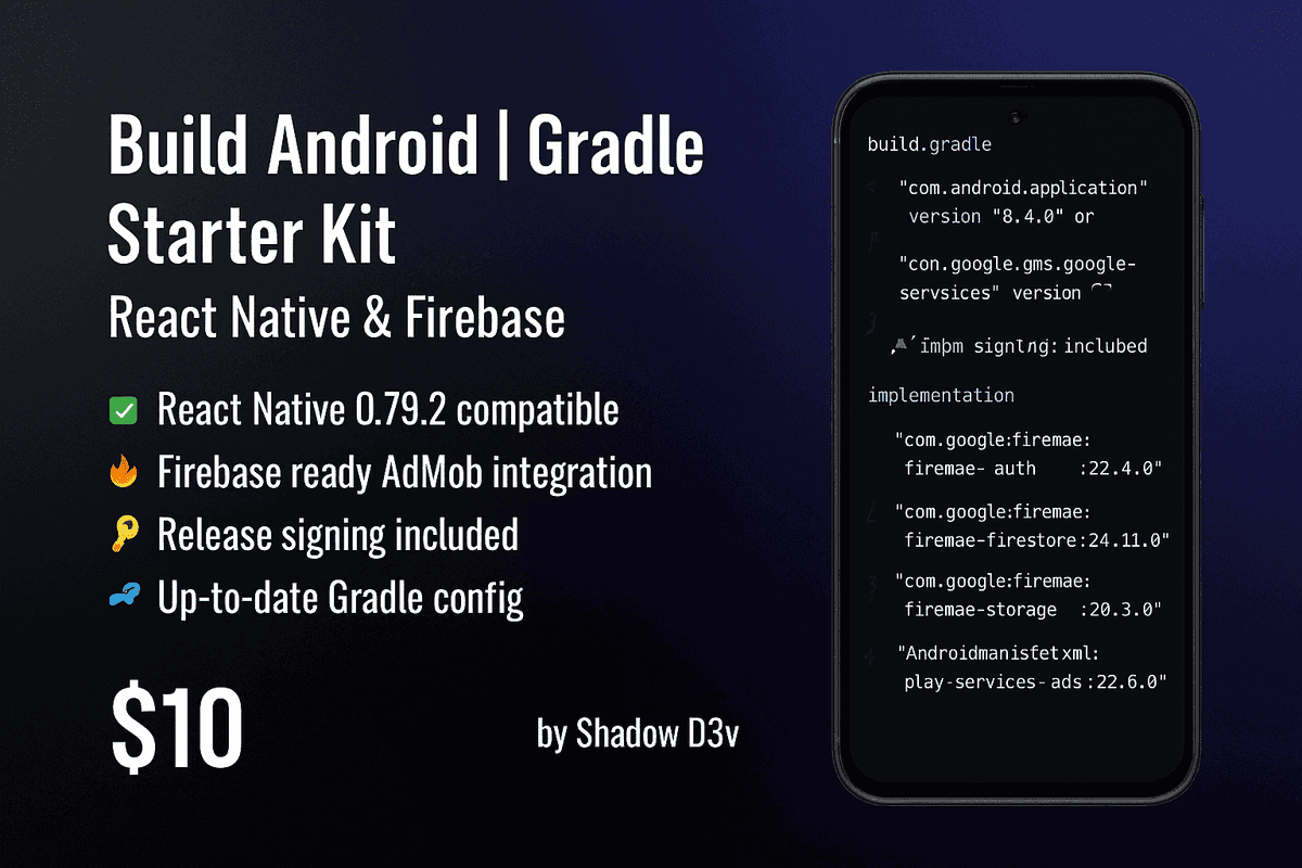 GoodWord_Apps's tweet image. ⚙️ Plug & Play React Native Android Starter – Firebase + Gradle + Signing Ready
I'm selling it! It's now
shadowdev77.gumroad.com/l/hvcfc
#Android #gradle #android_app_developer  #sourcecoding #debuggingcode #debugginghelp #Database #firebase #reactnative #reactnativedevelopment