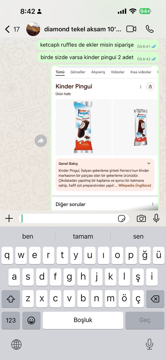 iki tane bounty, bi tane snickers, bi tane bisqot farauhla, bi tane doritos cubun. thank you