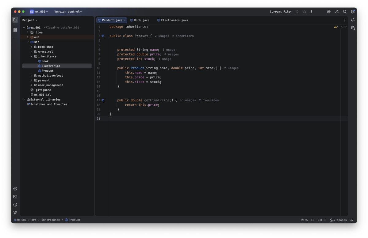hshahzadaheer's tweet image. Day 5 of #100DaysOfCode
Leveling up with Inheritance and Method Overriding
Extended a basic Product class into Book and Electronics subclasses.
Each product now has its own getFinalPrice() logic an example of polymorphism in action.
#Java #FullStackDeveloper