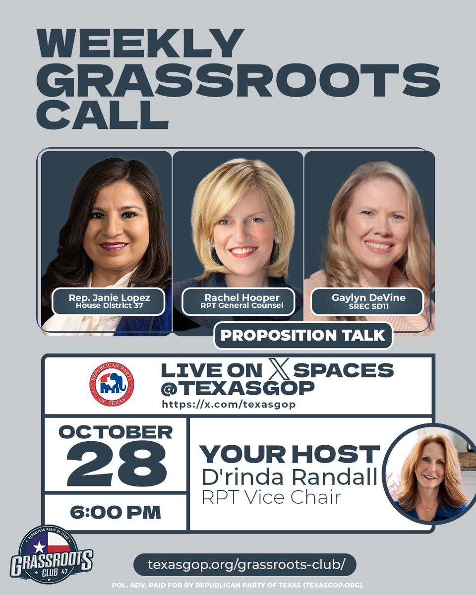 Texas GOP (@texasgop) on Twitter photo Next week, Representative Janie Lopez <a href="/JanieLopezForTX/">Janie Lopez Texas State Representative</a> joins Vice-Chair @drindarandall for the first half of the Grassroots Club. Then, RPT General Counsel (<a href="/TexasGOPGC/">RPT General Counsel</a>) Rachel Hooper and SREC SD11 Member Gaylyn Devine (<a href="/grdevine/">Gaylyn DeVine, SREC SD 11</a>) join for Proposition Talk.
It's happening on Next week, Representative Janie Lopez <a href="/JanieLopezForTX/">Janie Lopez Texas State Representative</a> joins Vice-Chair @drindarandall for the first half of the Grassroots Club. Then, RPT General Counsel (<a href="/TexasGOPGC/">RPT General Counsel</a>) Rachel Hooper and SREC SD11 Member Gaylyn Devine (<a href="/grdevine/">Gaylyn DeVine, SREC SD 11</a>) join for Proposition Talk.
It's happening on
