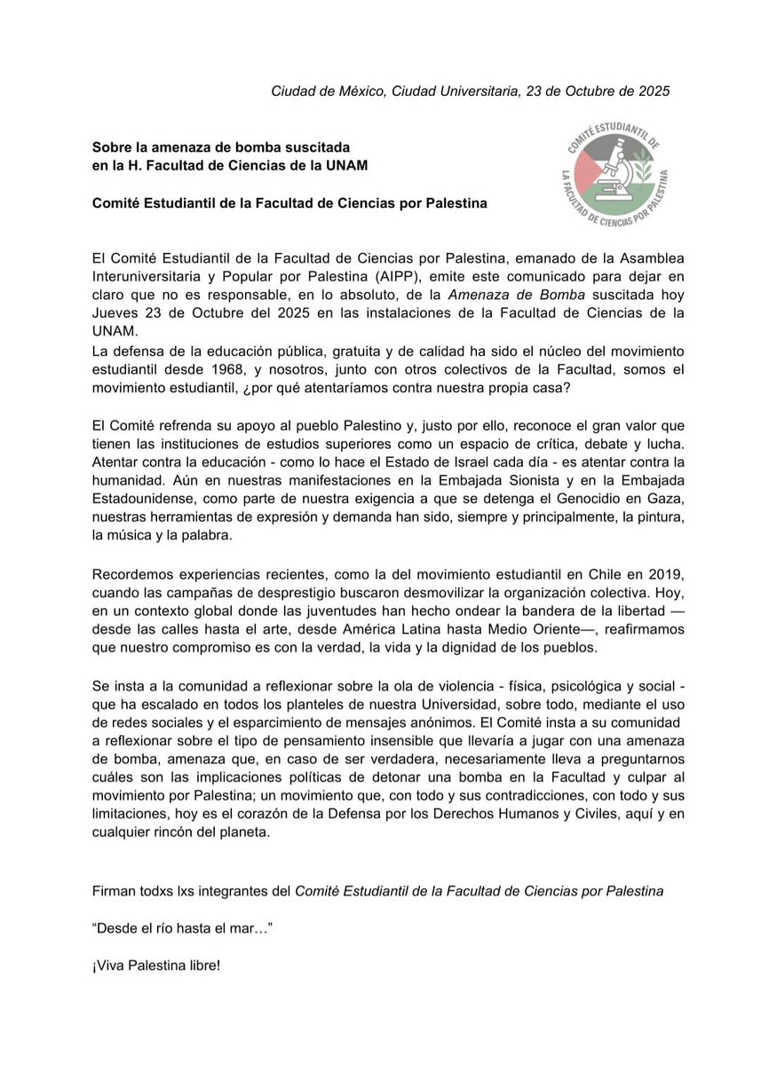Desplegado del Comité Estudiantil de la Facultad de Ciencias por Palestina sobre la amenaza de bomba