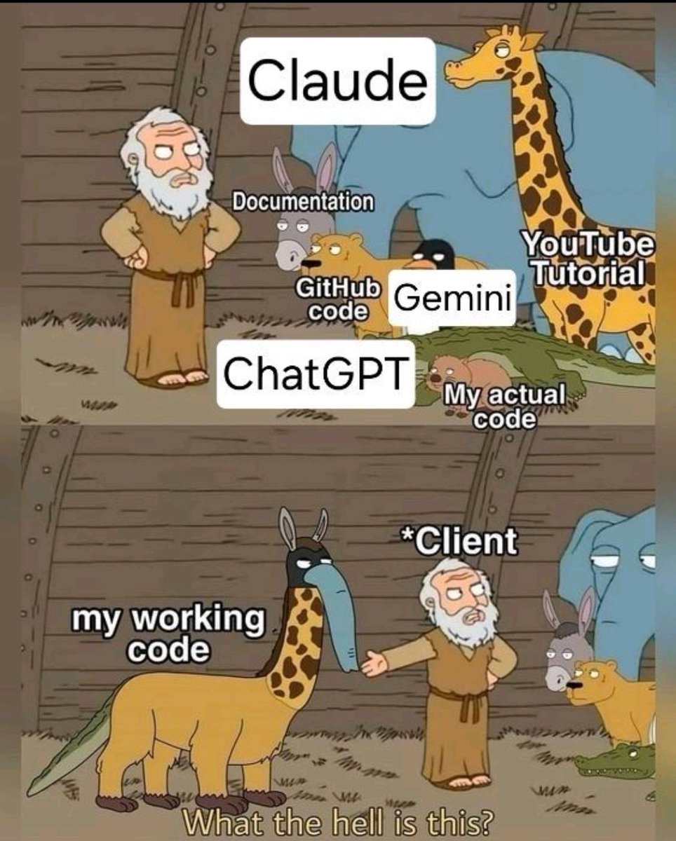 AarnavSharma0's tweet image. When you build your project with Claude’s logic, Gemini’s ideas, ChatGPT’s code &amp;amp; YouTube’s tutorial 💀

#CoderProblems #TechHumor