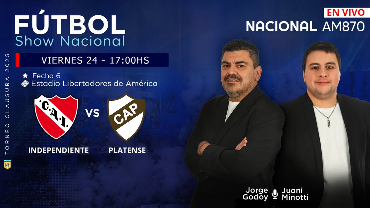 #FútbolShowNacional | ¡Partidazo en Avellaneda y lo vas a vivir por <a href="/NacionalAM870/">Radio Nacional AM 870</a>  !⚽ 

Desde las 17 hs, transmitimos #Independiente vs #Platense  en #AM870 📻

Relata <a href="/JorGodoy/">Jorge Godoy</a> comenta <a href="/JIMinotti/">Juan Ignacio Minotti</a> 
Vestuarios <a href="/NazaScatto/">Scatto ⭐️⭐️⭐️</a> y <a href="/valdezhernan/">Hernan Valdez</a> 
     
 📻AM870
#TuRadio