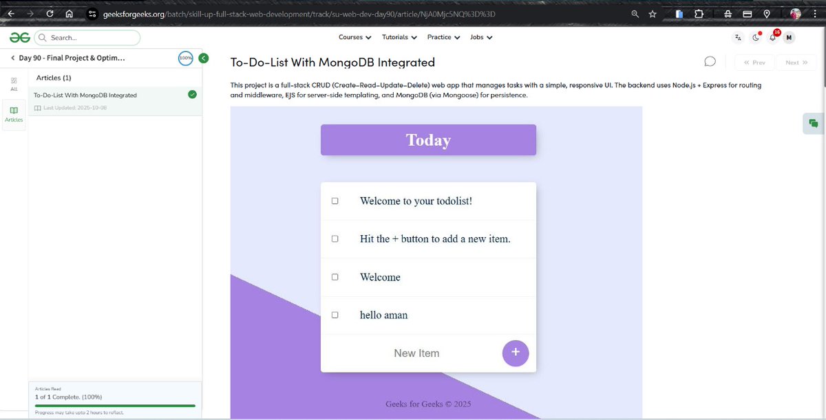 MdShahdab8's tweet image. ✅ Day - 90   
📷 Final Project ToDo App  
90/100 days Web development course Nation Skill Up with
@geeksforgeeks
to skill up our development Course Link : geeksforgeeks.org/batch/skill-up…… #skillupwithgfg #nationskillup #CodingChallenge #geeksforgeeks #100DaysOfCode