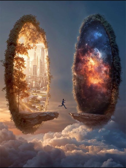 Two large oval-shaped portals float in a cloudy sky, one on the left glowing with warm orange light and containing a lush green landscape with tall trees and a distant cityscape of tall buildings, the other on the right emitting blue and purple hues with a starry galaxy and fiery orange nebula inside. A small silhouetted figure runs across a rocky ledge connecting the bases of the portals, positioned mid-jump toward the right portal. The overall scene has a fantastical, otherworldly atmosphere with soft lighting and ethereal elements.