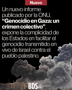 Primera imagen tiene texto superpuesto en rojo y blanco sobre fondo negro con humo y edificios destruidos en una escena de devastacion urbana posiblemente en Gaza destacando nuevo informe de la ONU titulado Genocidio en Gaza un crimen colectivo exponiendo complicidad de Estados en facilitar genocidio de Israel contra pueblo palestino con logo BDS en la esquina inferior derecha. Segunda imagen tiene texto en rojo y negro sobre fondo rojo explicando informe innovador escrito por relatora especial de la ONU Francesca Albanese afirmando que genocidio de Israel es un crimen colectivo facilitado por complicidad de Estados con viaciones sistemicas apoyo directo proteccion y participacion en casos ademas de cuatro conclusiones clave del informe y cuatro formas clave de intensificar BDS ahora con logo BDS en la esquina inferior derecha.