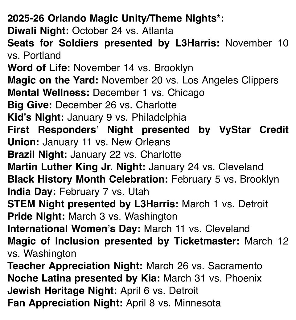 therealBeede's tweet photo. Inbox: The #Magic announced 20 different theme and unity nights at games spread out across the season: https://t.co/31HNlkd8oO