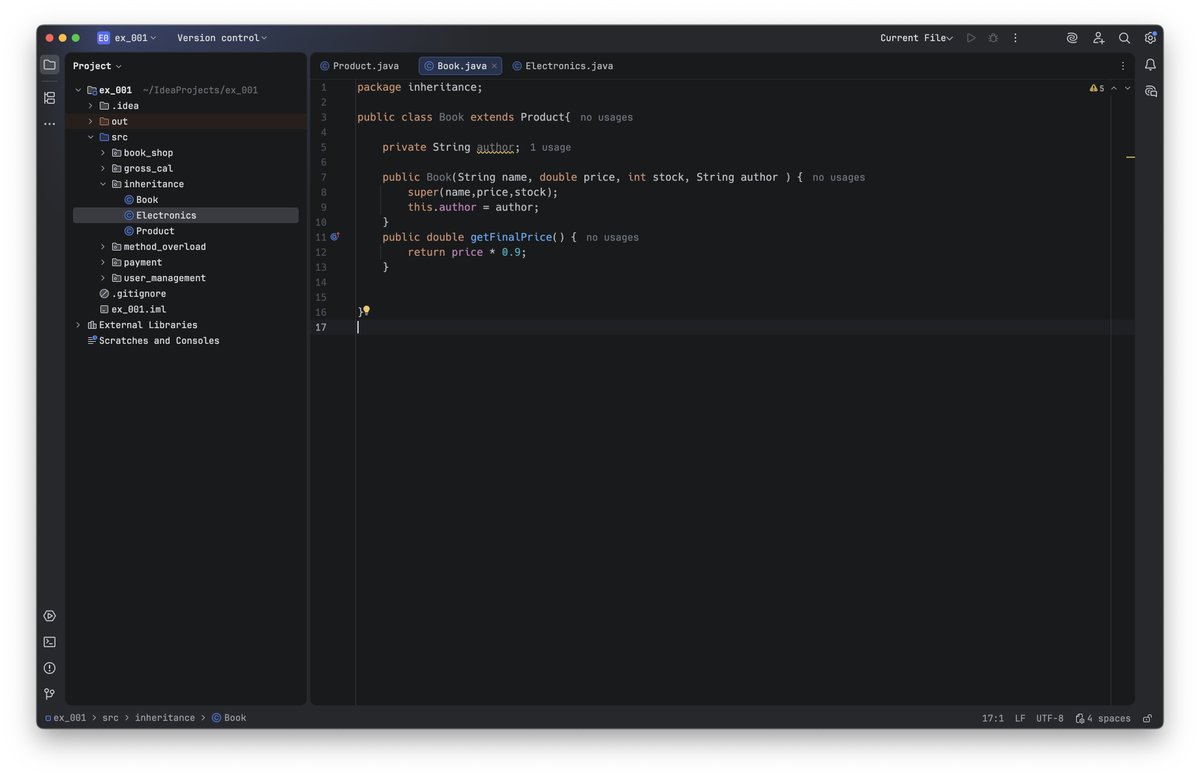 hshahzadaheer's tweet image. Day 5 of #100DaysOfCode
Leveling up with Inheritance and Method Overriding
Extended a basic Product class into Book and Electronics subclasses.
Each product now has its own getFinalPrice() logic an example of polymorphism in action.
#Java #FullStackDeveloper