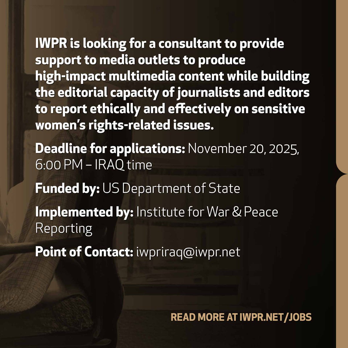 IWPR's tweet image. 🚨 Request for Quotations: Editorial/Women’s Rights and Protection Expert, Iraq
Lear more or apply: iwpr.net/engage/opportu…
#opportunities #rfq #womensrights #iraq