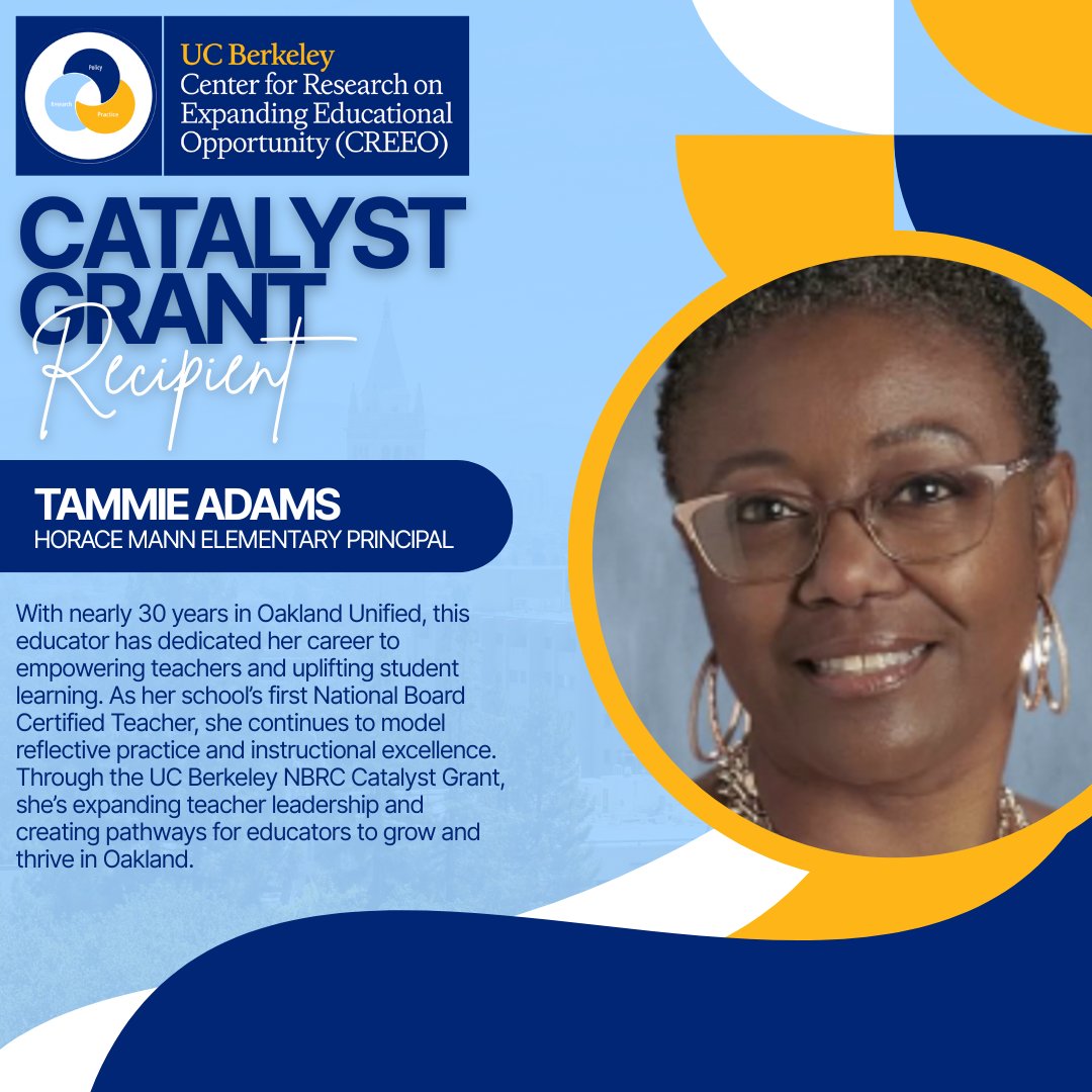 Meet Tammie Adams, Principal at Horace Mann Elementary &amp; a proud #CATALYSTGrant recipient!

Through <a href="/UCBerkeley/">UC Berkeley</a> NBRC’s Catalyst Grant, Tammie supports teachers pursuing #NationalBoard certification—building reflective, student-centered classrooms.