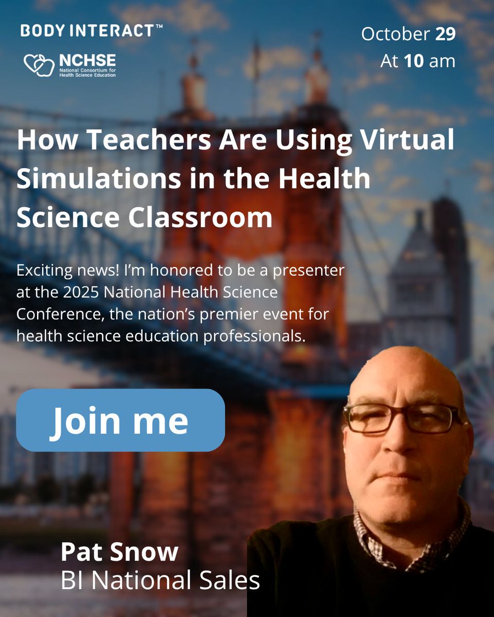 PatSnow93's tweet photo. I am a presenter at the 2025 National Health Science Conference
Join me for my session: How Teachers Use Virtual Simulations in the Health Science Classroom
10:00 AM 10/29/2025
#NHSC2025 #NCHSE #ConferencePresenter #ProfessionalDevelopment #BodyInteract #virtualpatients #edtech https://t.co/UR99eMXLdR