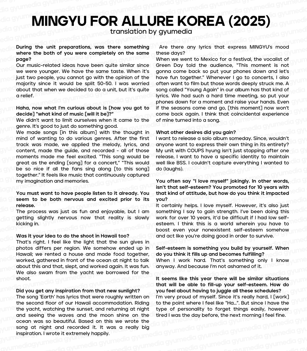 gyumedia's tweet image. [TRANS] MINGYU X ALLURE KOREA FULL INTERVIEW ENG TRANSLATION #민규 

&quot;I’m as honest as I am courageous. A person honest enough to say those kinds of words comfortably. &quot;