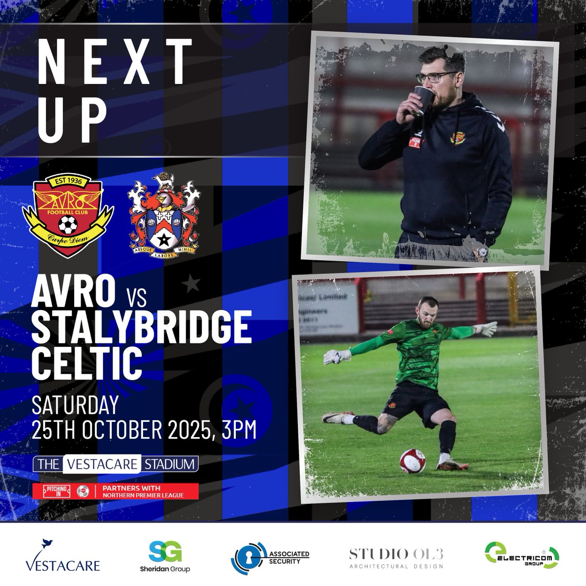 VestacareStadia's tweet photo. NEXT UP ⚽️- @AvroFC vs @StalyCelticFC
⚽️KO 3pm
🎟️Adults £10 | Concs £7 | U21 £6 | U16 £3 | U8 FREE*
🍔The Hangar opens 9am 🍻£3.50 a pint at the bar.
FREE 🌭&amp; 🥤 for all @AvroFCJuniors who attend the game in kit. 🆓🅿️
#AvroFC https://t.co/YtEaaQSxzl