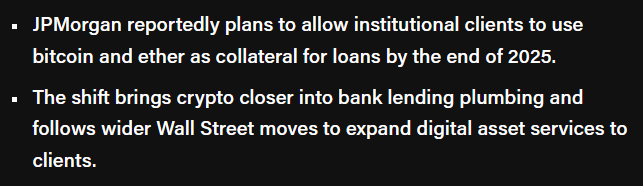 JP Morgan is letting institutions borrow against Bitcoin and Ethereum holdings 

This is a seismic step forward and extremely bullish 

Individuals next 

$BTC $ETH